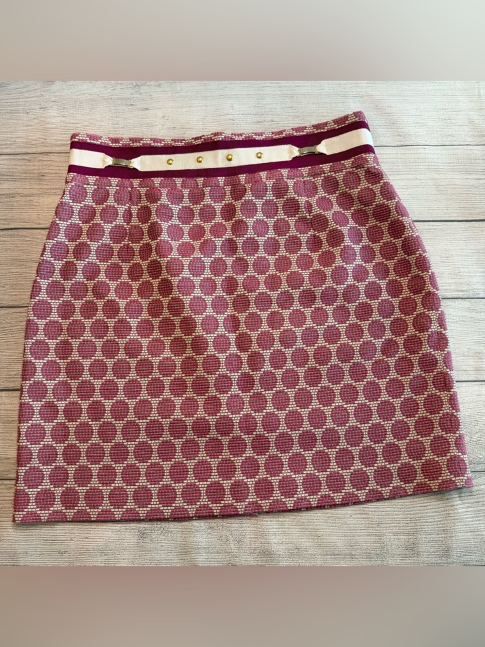 Tahari Textured Pink Polka-Pattern Pencil Skirt with Contrasting Waistband